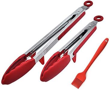 Kitchen Tongs for Cooking with Silicone Tips, Premium Stainless Steel Locking Kitchen Tongs with Stand for Baking, BBQ and Salad (12-Inch & 9-Inch Tong, Plus 8-Inch Pastry Brush, Red)