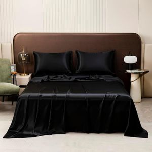 Luxury Bed Sheet Set- Ultra-Soft Silk Satin Bed Sheets - Breathable Bedding - Wrinkle, Fade, Stain Resistant - Deep Pocket (Black, Single)
