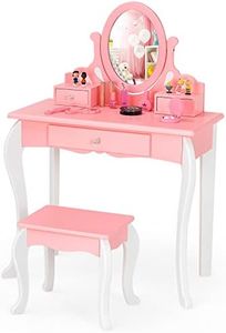 GYMAX Kids Dressing Table Set, Wooden Children Vanity Table with Stool, 360° Rotating Mirror and 3 Drawers, 2 in 1 Girls Makeup Desk Set for Bedroom (Pink)
