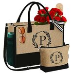 YOOLIFE Gifts for Women - Initial Jute Tote Bag & Makeup Bag with Zipper Pocket Adjustable Strap Birthday Gifts for Women Her, Yellow, Large, P
