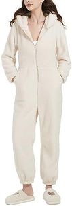 Flygo Womens Fuzzy Pajamas Fleece Onesie Pajamas Winter Warm One Piece PJs Loungewear(Beige-L)