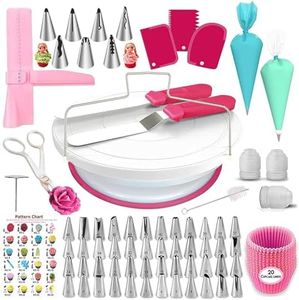 200 PCs Cake Decorating Supplies Kit for Beginners, Cake Decorating Tools, Rotating Turntable with Piping Bags & Tips, 55 Piping Tips, 2 Spatula, Silicon Bag & Much More