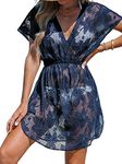 CUPSHE Womens Swimsuit Coverups V Neck Sheer Lace Cover Up Dress Short Sleeve Beach Mini Dresses, Large, Navy Blue