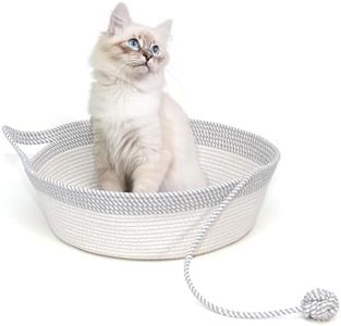 WEAVELYRICS Cotton Rope Woven Cat Bed Basket, Hand Woven with Toy Tail, Small Dogs & Puppies Sleeping Bed, Indoor Cat & Rabbit Basket (Large, Gray & White)