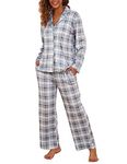 Famulily Women's Long Sleeve Sleepwear Button Down Cotton 2 Piece Pajama Set Classic Plaid Pattern Gray S