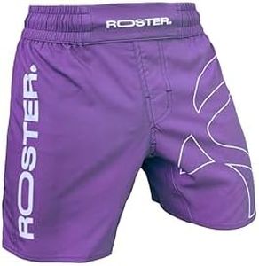 ROSTER. BJJ Pantalones Cortos de Entramiento, MMA, Boxeo, Kick Boxing, Unisex (FR/ES, Letras, L, Regular, Regular, Morado)