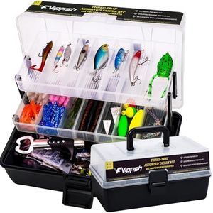 Vipfish 448-Pcs Fishing Lures Kit – Complete 3-Layer Tackle Box Set with Hooks, Weights, Bobbers, Pliers, Rigs, Leaders, Fluorocarbon Line, Accessories & More for Kids Fishing Gear (Black)