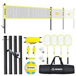 Patiassy 32ft, 26ft and 20ft Width and Height Adjustable Volleyball and Badminton Combo Set with Net, Winch System, 4 Badminton Rackets, 2 Goose Feather Shuttlecocks and Volleyball for Backyards