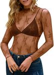 MEROKEETY 2024 Womens Mesh Sheer Long Sleeve Layering Top Sexy Y2k Mock Neck Floral Lace See Through Shirt Blouses Brown XX-Large