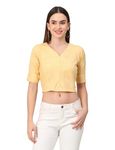 Yaanvi Women's Yellow V neck Roll up Sleeves Striped Crop Top with Zip Closure