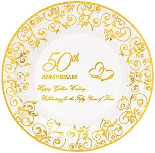 Crisky 50th Anniversary Gold Plates, Golden Wedding Anniversary Party Decorations Dessert, Buffet, Cake, Lunch, Dinner Disposable Plates, Celebrating for The Fifty Years of Love, 50 Count, 9" Plate