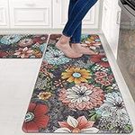 Yugarlibi 2 Pieces Kitchen Mats, PVC Kitchen Rug Runner Non-slip Waterproof, Anti-fatigue Soft Standing Mats Area Rugs, Oil-Resistant Washable Floor Mats for Kitchen Home Office 44x75+44x120cm Flowers