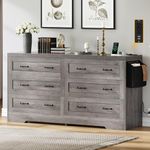 DWVO Farmhouse 6 Drawer Dresser for Bedroom, 31.5 Inch Tall Modern Dresser TV Stand with Large Drawers & Bar Handles, Storage Dressers with Power Outlets, Rustic Wood Chest of Drawers, Grey New