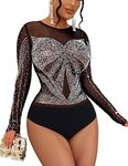 ADEWEL Womens Glitter Bodysuit Long Sleeve See Through Leotard Body Suits Tops Black L