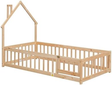 GarveeHome Twin Size Floor Bed with Fence, Pine Wood House-Shaped Headboard Bed Frame for Boys Girls Teens, No Spring Box Needed, Easy Assembly