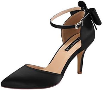 ERIJUNOR E1876B Wedding Evening Party Shoes Comfortable Mid Heels Pumps with Bow Knot Ankle Strap Wide Width Satin Shoes Black Size 8