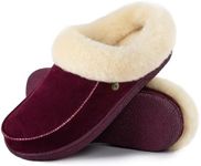 HomeTop Women's Moccasin Slip-on Slippers Soft Microsuede Clog Comfy Non-slip Memory Foam Indoor Outdoor House Shoes with Fuzzy Collar Wine Red, 11-12 US