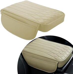 nodteem 1 PC Car Armrest Box Protective Pad, 12.59" x 8.66" x 1.96" Storage Pockets on Both Sides Memory Foam Leather Armrest Box Booster Pad, Modified Decorative Accessories, for Most Models (Beige)