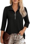 Cnlinkco Womens 3/4 Sleeve Tops and Blouses V Neck Basic Polo Shirts Casual Dressy Solid Work Tops Black M