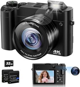 Appareil Photo Numérique 4K, Appareil Photo Compact 64MP Vlogging Selfie Caméra avec Autofocus, Zoom 16X, Flash, 2 Batteries, Carte 32 GB pour Débutants, Enfants