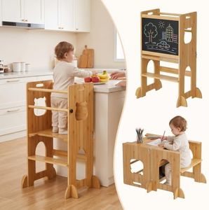 APRTAT 4-in-1 Toddler Kitchen Step Stool, Foldable Montessori Learning Tower with Blackboard, Wooden Kitchen Stool Helper for Kids Ages 1–3, Anti-Tip Standing Tower for Boys Girls (Natural)