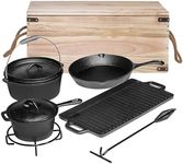 Bruntmor Camping Cooking Set Of 7. Pre Seasoned Cast Iron Pots And Pans Dutch Oven With Lids For Outdoor Comefire. Grill Cookware Skillet Sets With Storage Box