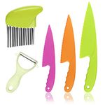 Ailvor Toddler Knife, 5pcs Kids Knife Set, Plastic Child Safe Knives in 3 Sizes, Serrated Edges with Crinkle Cutter, Peeler for Fruits Vegetables Salad Cake