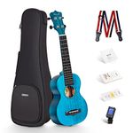 Enya Soprano Ukulele 21 Inch Blue Solid Mahogany Top Ukelele for Beginner Adults Kit with Online Lesson, Case, Tuner, Strap, Strings, Pick (EUS-25D BU)