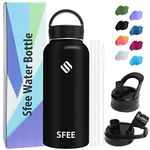 Sfee Insulated Water Bottle, 32 oz Stainless Steel Water Bottle with Straws&3 Lids, Wide Mouth Double Wall Vacuum Metal Water Bottle Leak-Proof BPA Free Sports Water Bottle+ Cleaning Brush (Black)