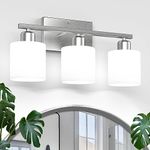 Dekang Bathroom Light Fixtures Over Mirror Brushed Nickel, Rustproof 3-Light Bathroom Vanity Lights, 18 Inches Modern Wall Sconces E26 Base, Milky White Glass Shades, Bulbs Not Included