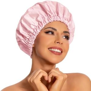 Reusable Shower Cap for Women, Large Waterproof Shower Bonnet Washable Elastic Band Bath Hair Hat for Long Hair, Braids(Pink)