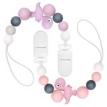 Pacifier Clips Silicone Teething Beads Teether Toys Dinosaur Soother Binky Clips 2 Pack for Baby Boys Girls Newborn (Pink&Purple)