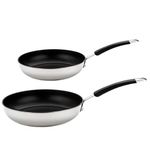 Meyer Non Stick Frying Pan Set of 2 - Stainless Steel Frying Pans Set 20 & 28cm, Induction Suitable, Dishwasher Safe, Soft Grip Heat Resistant Handles, Silver