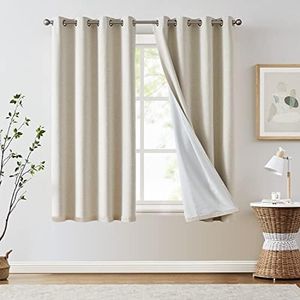 JINCHAN 100% Blackout Curtains for Bedroom, 63 Inch Length Linen Textured Drapes for Living Room, Thermal Insulated Full Light Blocking Curtains, Grommet Top Window Treatments 2 Panels Heathered Beige