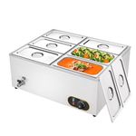 MOOTACO Commercial Food Warmer,Stainless Steel Bain Marie Buffet Warmer 1500W,Temperature Range 30-85 °C,GN 1/3 x6 Pans with Lids,Drain Tap