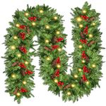 Christmas Garland Decoration with Lights - 9Ft/2.7M Prelit Artificial Christmas Garland with Pine Cones & Red Berry - Xmas Garland for Fireplaces Front Door Stairs Home Indoor Outdoor Decor