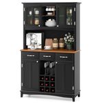 COSTWAY Kitchen Hutch Storage Cabinet, Freestanding Pantry Buffet Sideboard, Modern Buffet Cupboard w/Wine Rack, Adjustable Shelves, Tempered Glass Cabinets, Drawers, Microwave Stand (Black)