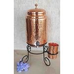 Indian Art Villa Pure Copper Hammered Design Water Pot Heavy Gauge with Brass Tap & Copper Glass & Stand, Storage & Serving Water, Volume- 10 Liters