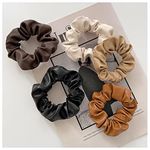 Big Leather Scrunchies for Thick Hair Rubber Bands No Damage Elastic Leather Ponytail Holder Soft Hair Ties Accessories for Women Girls Birthday Christmas Gifts 5Pcs