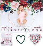 SUKOON Floral Milestone Blanket for Baby Girl | Large - 47L x 40W | Flower Themed Blanket Includes Heart Marker and Bib | Personalized Baby Month Blanket for Newborn Baby Shower