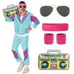 BIQIQI 80s 90s Fancy Dress Costumes Men Women, 80s Shell Suit Costume Retro Tracksuit with Pilot Glasses Headband Wristbands Inflatable Boom Box, 1980s Fancy Dress for Carnival Parties Halloween (M)