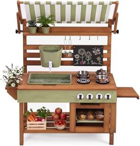 Best Choice Products Mud Kitchen for Kids Outdoor, Deluxe Wooden Play Kitchen with Canopy, Water Tank & Faucet, Sink, 14-Piece Accessories, Gardening Toy, Backyard Pretend Cooking Set- Olive