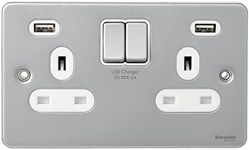 Schneider Electric Ultimate Low Profile - Switched Double Power Socket, Double Pole, 13A, with USB Charging Ports, GGBGU3524DWBC, Brushed Chrome with White Insert