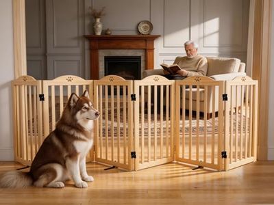 Oapety Wooden Dog Gate Indoor, 31.5" H Foldable Freestanding Doggy Gate, No-Painted Portable Puppy Fence for Doorways Stairs Hallways, 6 Panels
