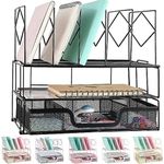 Gianotter Desk Organizers and Accessories, Office Supplies Desk Organizer with Sliding Drawer, Double Tray and 5 Upright Sections (Black)