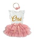 Domisola Baby Girls My 1st Birthday Outfits Sleeveless Floral Lace Romper + Tutu Skirt + Headband Set (B- Sleeveless 3pcs Skirt Set- Pink, 6-12 Months)