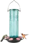 Nature's Way ANTGHF2 Hanging Antique Glass Gravity Hummingbird Feeder for Outdoor Decor, 28 Ounce Capacity Nectar Feeder, 6 Easy to Clean Flexible Pink Ports, Teal