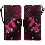 ZASE Design Cover for Samsung Galaxy A13 5G Protective Wallet Case, Galaxy A13 6.5inch Case Cute Woman Girls Premium PU Leather Flip Folio w/Kickstand ID Card Slot Wrist Strap (Hot Pink Butterfly)