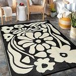 Wonnitar Outdoor Plastic Straw Rug,5x8 Reversible Outdoor Rug Waterproof Patio Rugs Clearance,Portable Outside RV Rugs for Camping,Abstract Flower Mats for Deck Balcony Backyard,Black and White