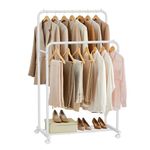 SONGMICS Double Rods Clothes Rack with Wheels, Clothing Rack for Hanging Clothes, Heavy Duty Garment Rack with Mesh Storage Shelf, 2 Brakes, Each Top Rail Holds up to 77 lb, White UHSR026W01